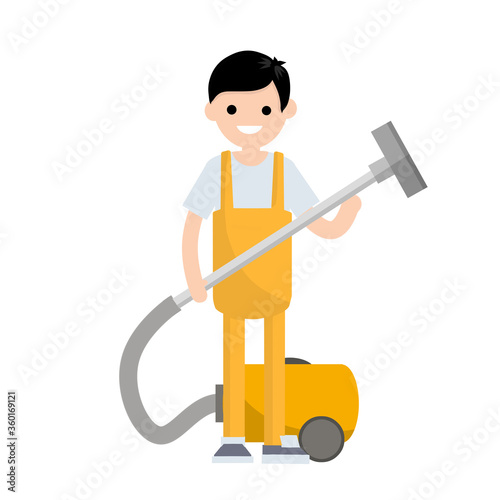 Cartoon flat illustration - cleaning from dust. Home vacuum cleaner. Household home appliances. A young man works at home, do cleaning in the jumpsuit