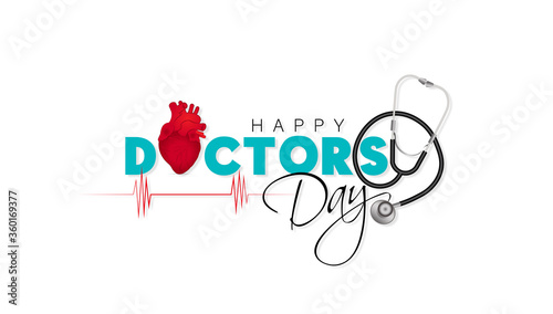 Doctor's Day.lettering of happy doctor's day with symbol of heart, and cross on white background.