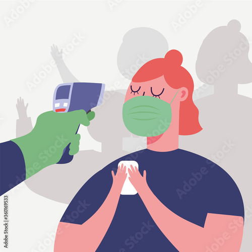 Hand holding thermometer gun checking woman temperature vector design