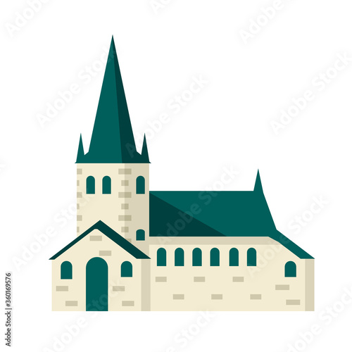 St. Olaf Church. Element of medieval town with house and red roof. Estonian Tourist Attraction In Tallinn. Old historical European city. Christian temple. White tower