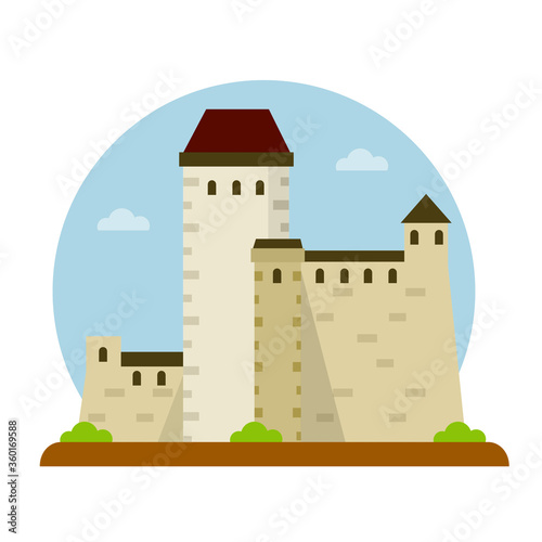Narva castle. Medieval stone citadel. Flat cartoon illustration. Fortress of knight and king with tower and wall. Tourist attraction in Estonia. Eastern European landmark