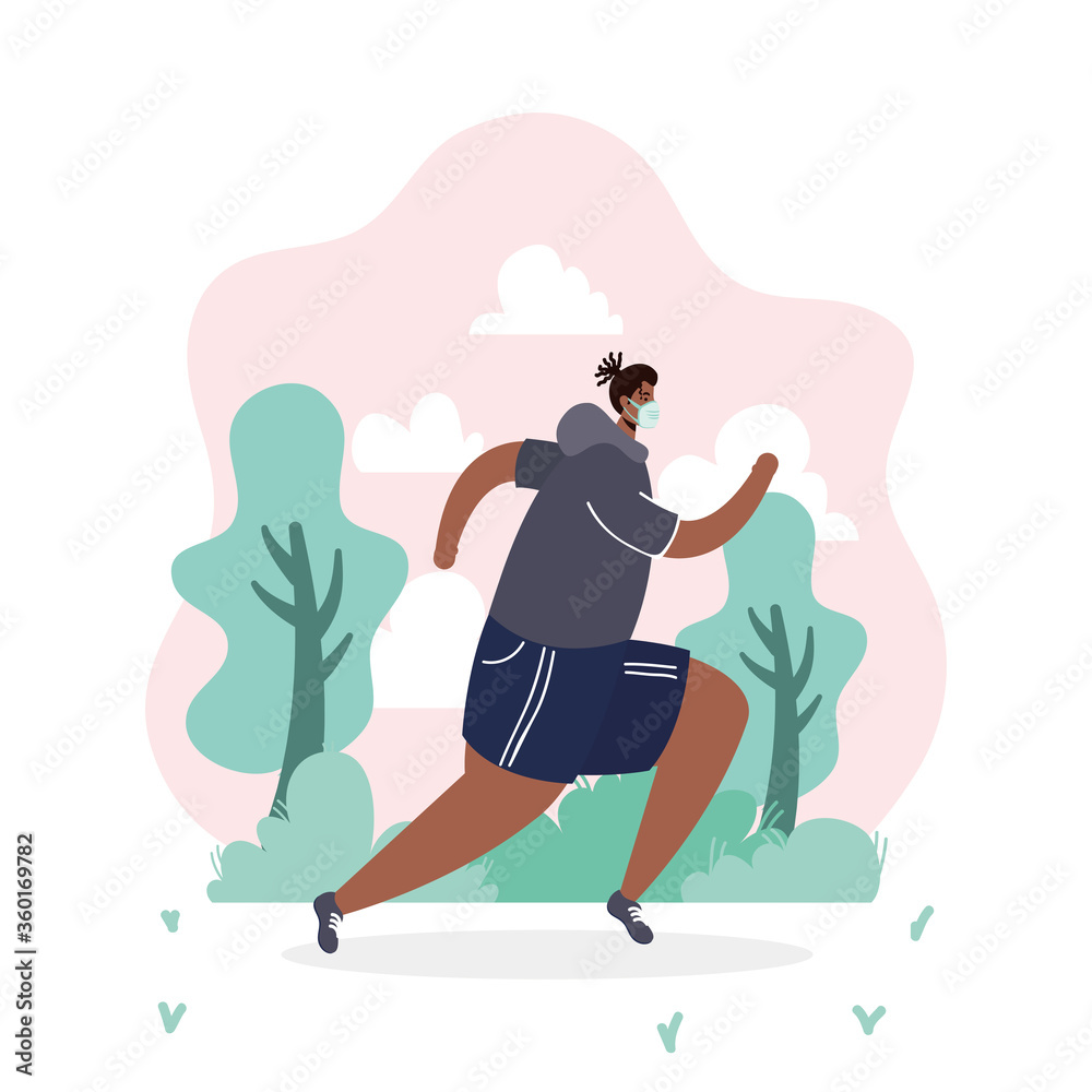 afro man wearing medical mask running sport in the camp afro man wearing medical mask running sport in the camp