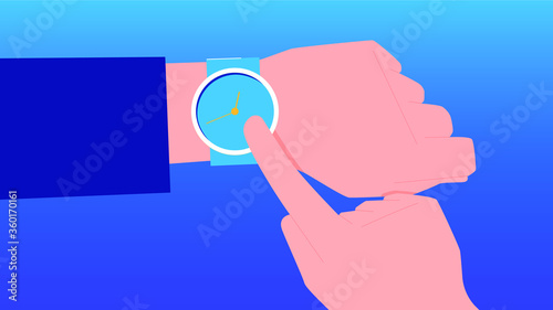 we see a watch on the hand, and the second hand points to the clock,illustrator,cartoon.