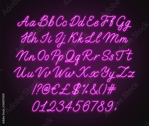 Neon pink script alphabet. Glowing cursive font with letters  numbers and special characters on a dark background.