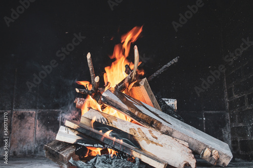 bonfire with wooden planks and fire