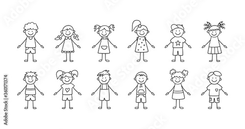 Set of funny children. Happy cute doodle kids. A set of isolated characters. Vector illustration in hand drawn style on white background