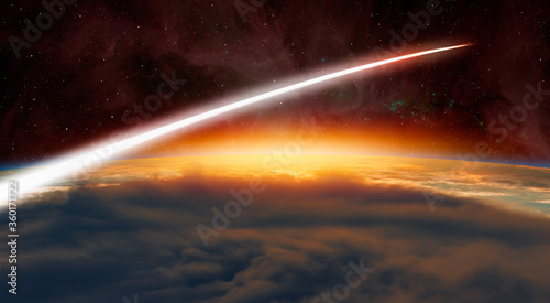 Fototapeta Naklejka Na Ścianę i Meble -  Planet Earth with a spectacular sunset -  Long Exposure Night Time Rocket Launch 