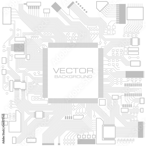 Electronic computer hardware processor technology Circuit board. Motherboard digital chip. Tech science engineering motherboard component vector background