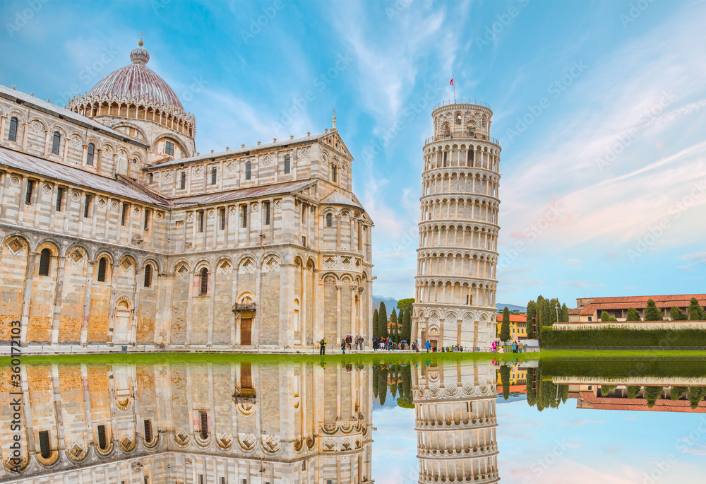 Water Effect - Pisa, Piazza dei miracoli, with the Basilica and the leaning tower - Italy