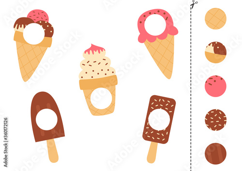 Match parts of the ice creams. Educational logical game.