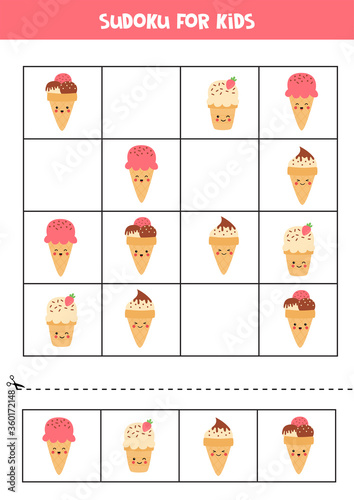Sudoku for kids with cute cartoon ice creams.