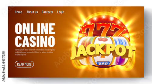 Golden slot machine with flying golden coins wins the jackpot. Online casino. Web landing page template or banner for internet casino. Big win concept.