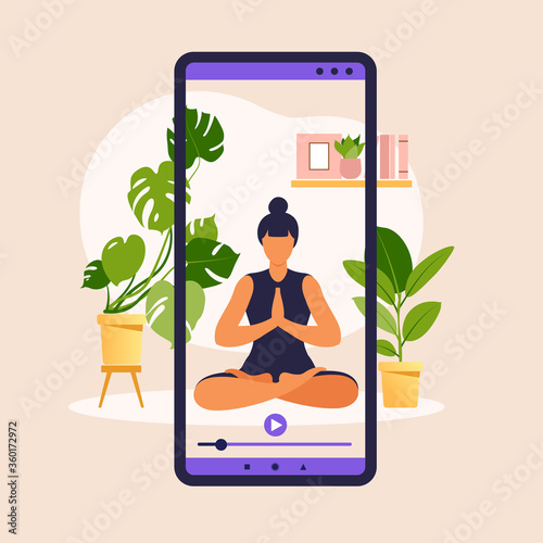 Yoga online concept with healthy woman doing yoga exercise at home with online instructor. Wellness and healthy lifestyle at home. Woman doing yoga exercises. Vector illustration.