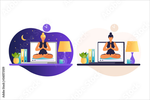 Woman doing yoga exercises. Internet yoga courses concept. Wellness and healthy lifestyle at home. Yoga classes with an online trainer. Woman teaches classes remotely. Vector illustration in flat.