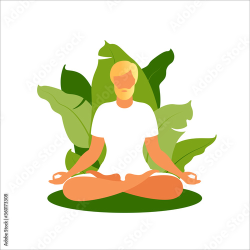 Man meditating on nature background. Meditation concept. Man sitting in lotus position practicing meditation. Vector illustration in flat style.
