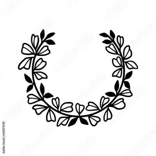 Hand drawn monochrome leaf wreath element for wedding invitation, greeting cards, decoration, botanical frame, or banner. Summer, spring, and autumn botany element © Artflorara