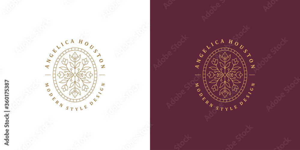 Flower line and branch with leaves vector logo emblem design template illustration simple minimal linear style