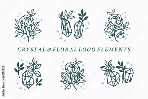 collection of hand drawn vintage and aesthetic crystal and rose flower logo elements with sparkles and stars for cards, icon, invitation, banner, or floral stickers