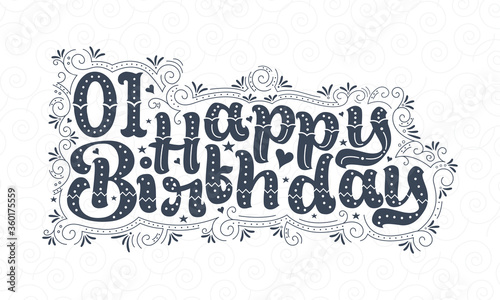 1st Happy Birthday lettering  1 year Birthday beautiful typography design with dots  lines  and leaves.