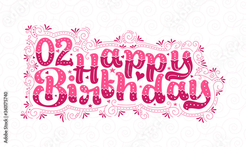 2nd Happy Birthday lettering, 2 years Birthday beautiful typography design with pink dots, lines, and leaves. © NetArt