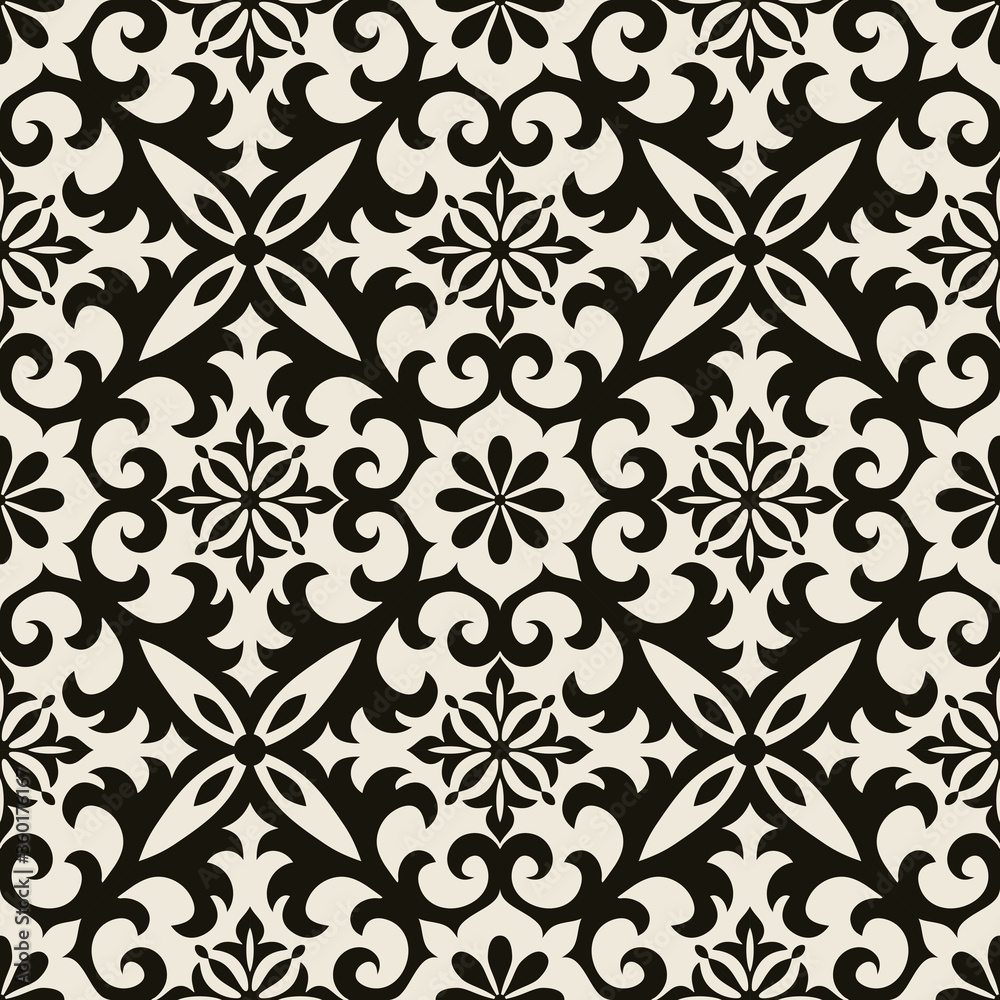 Seamless Damask pattern. Majolica pottery tile, black and gray azulejo, original traditional Portuguese and Spain decor. Seamless tile with Islam, Arabic, Indian, Ottoman motifs