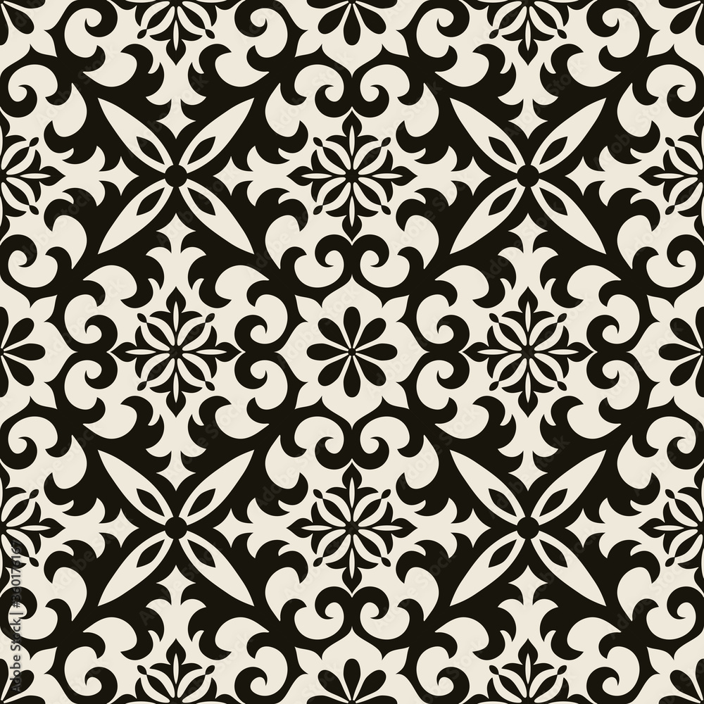 Seamless Damask pattern. Majolica pottery tile, black and gray azulejo, original traditional Portuguese and Spain decor. Seamless tile with Islam, Arabic, Indian, Ottoman motifs Seamless Damask pattern. Majolica pottery tile, black and gray azulejo, original traditional Portuguese and Spain decor. Seamless tile with Islam, Arabic, Indian, Ottoman motifs