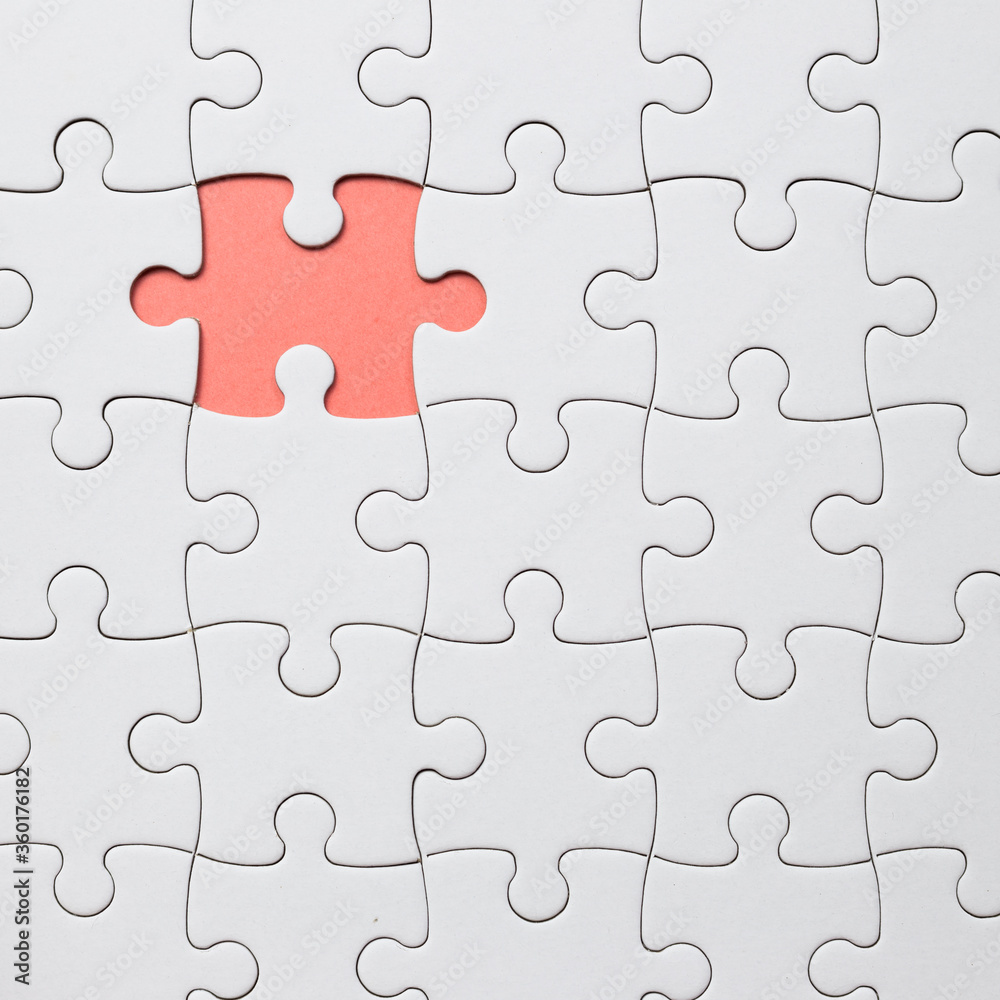 Set of white puzzle pieces and last one piece Set of white puzzle pieces and last one piece