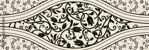 Majolica pottery tile, black and gray azulejo, original traditional Portuguese and Spain decor. Seamless border with Victorian motives. Vector illustration.	
