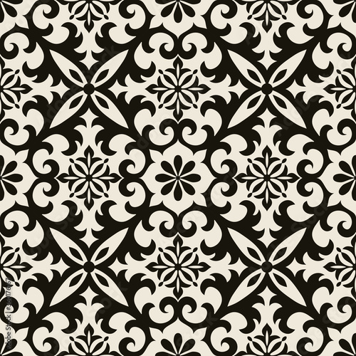 Seamless Damask pattern. Majolica pottery tile  black and gray azulejo  original traditional Portuguese and Spain decor. Seamless tile with Islam  Arabic  Indian  Ottoman motifs