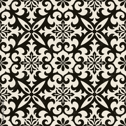 Seamless Damask pattern. Majolica pottery tile, black and gray azulejo, original traditional Portuguese and Spain decor. Seamless tile with Islam, Arabic, Indian, Ottoman motifs