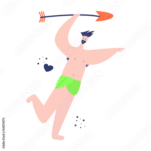 Cute and fun caveman with big arrow. Love that pierces the heart concept. Valentine day. Flat vector illustration. photo