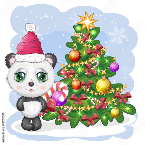 Cute cartoon panda bear with big eyes in a red Santa Claus hat with a caramel cane near the Christmas tree