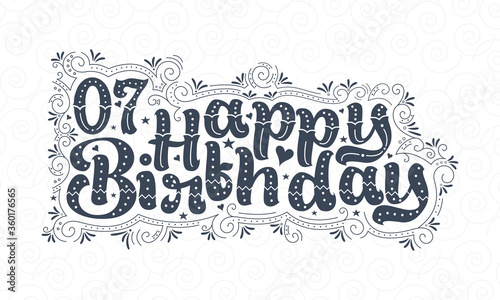 7th Happy Birthday lettering  7 years Birthday beautiful typography design with dots  lines  and leaves.