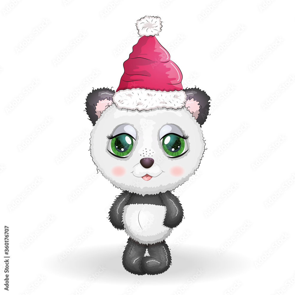 Cute cartoon panda bear with big eyes in a red Santa Claus hat. Greeting card, New Year and Christmas Cute cartoon panda bear with big eyes in a red Santa Claus hat. Greeting card, New Year and Christmas