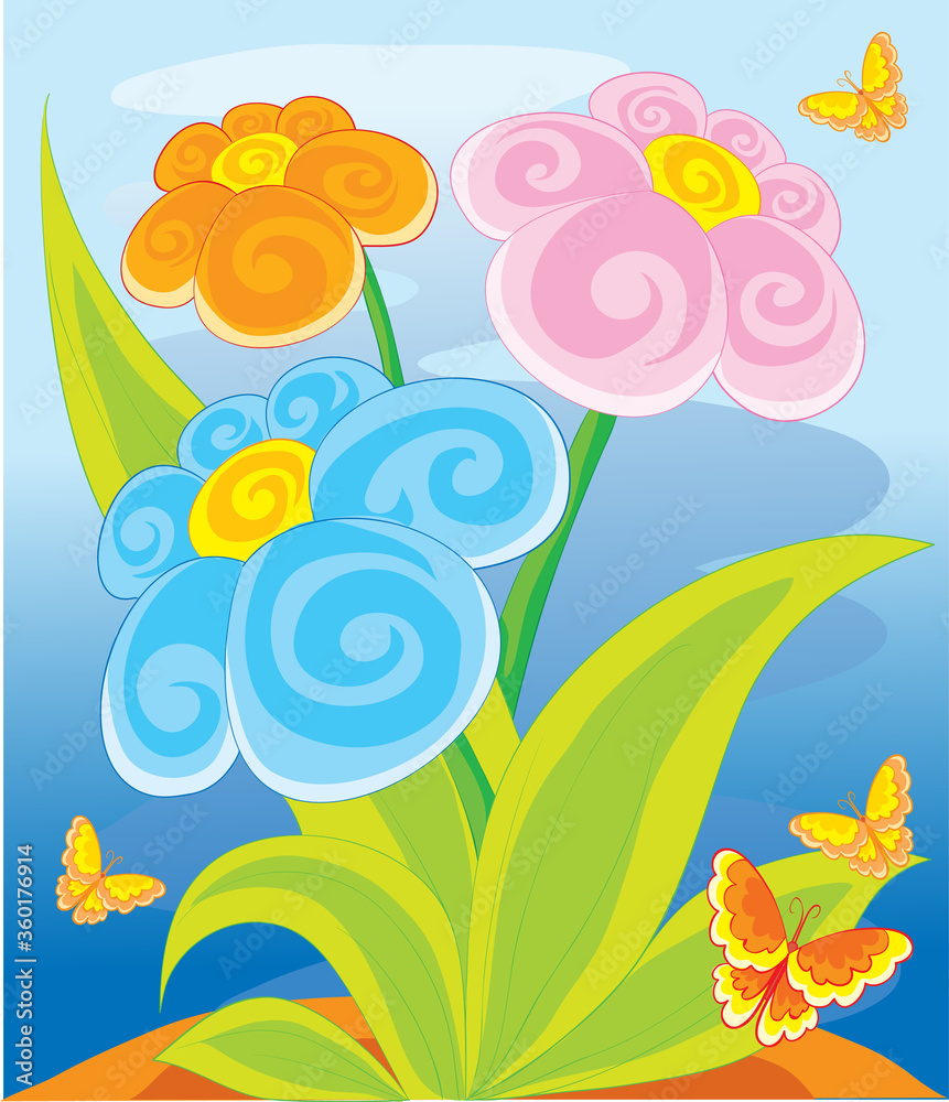 blue background with colorful flowers and butterflies, cartoon illustration, isolated object on a white background, vector illustration,