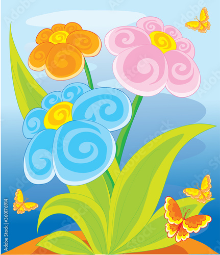 blue background with colorful flowers and butterflies  cartoon illustration  isolated object on a white background  vector illustration 