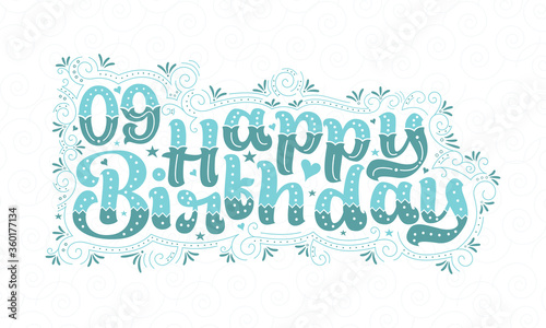 9th Happy Birthday lettering, 9 years Birthday beautiful typography design with aqua dots, lines, and leaves.