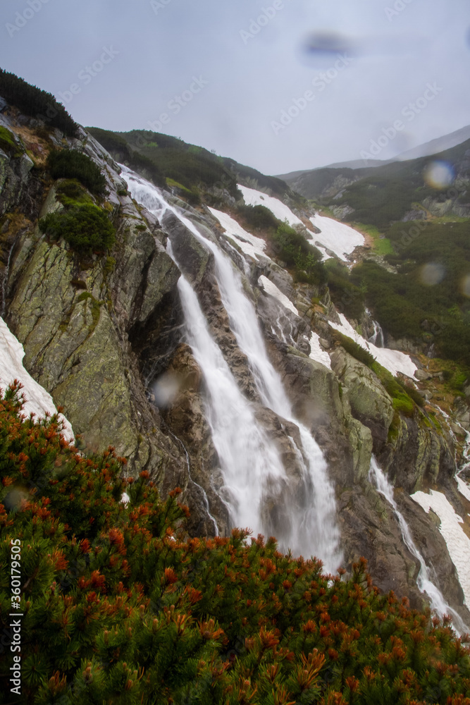 .River in the mountains among the trees. Rainy day in the mountains. Summer in the mountains. Waterfall. Tatra mountains..