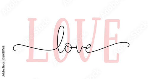 LOVE hand drawn script. Modern calligraphy love cursive word. Design print for t-shirt, poster, banner. Pink color text on white background. Lettering typography vector design for valentines day.
