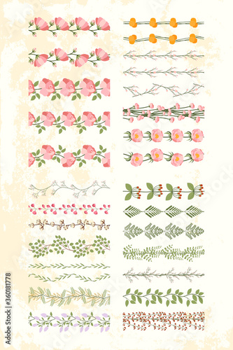 Big set of botanical repeat borders. Vintage pattern design with rose, yellow dandelion, leaf branch, lilac flower, cherry blossom, sweet pea, fern, pink peony for tape, paper, textile, postcard.