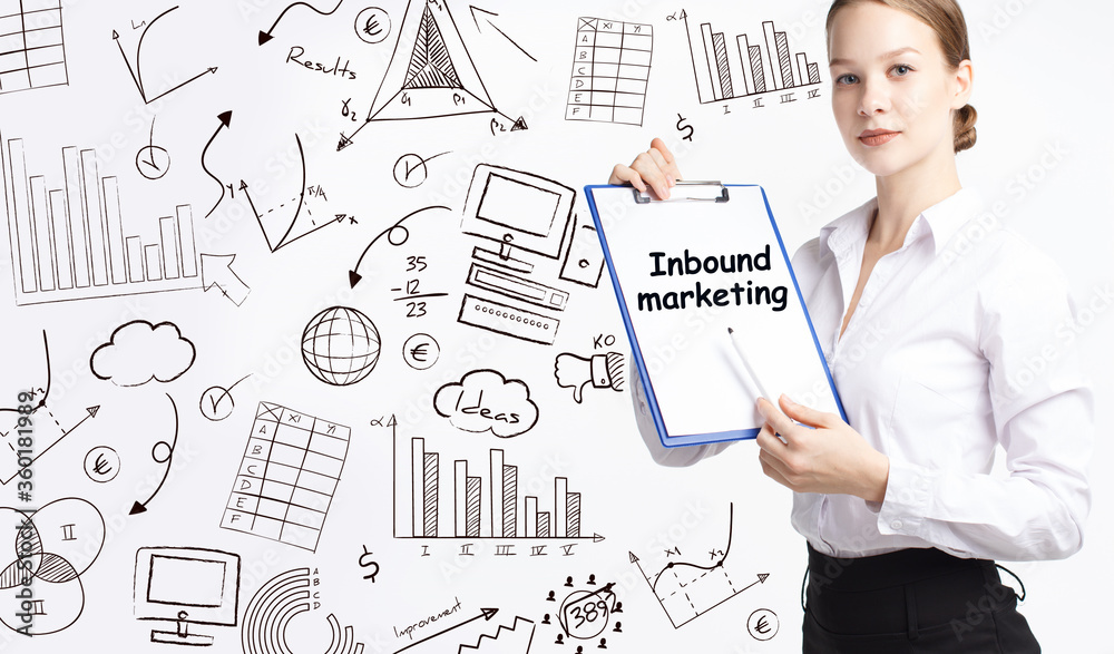 Business, technology, internet and network concept. Young businessman thinks over the steps for successful growth: Inbound marketing