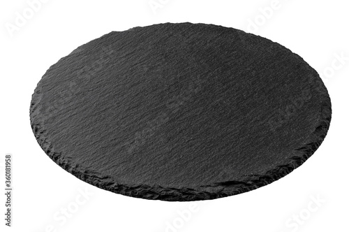 Round empty black stone plate isolated on a white background. textured surface of granite utensil