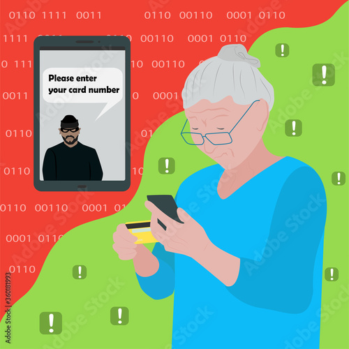 vector illustration a grandmother is standing with a phone and a credit card, a fraudster on the phone wants to steal money from a credit card and asks for a card number, online fraud