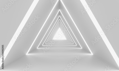 Fototapeta Naklejka Na Ścianę i Meble -  Futuristic triangle tunnel, white abstract minimal twisted corridor. White light rays. 3D rendering