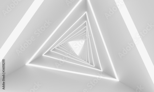 Futuristic triangle tunnel, white abstract minimal twisted corridor. White light rays. 3D rendering