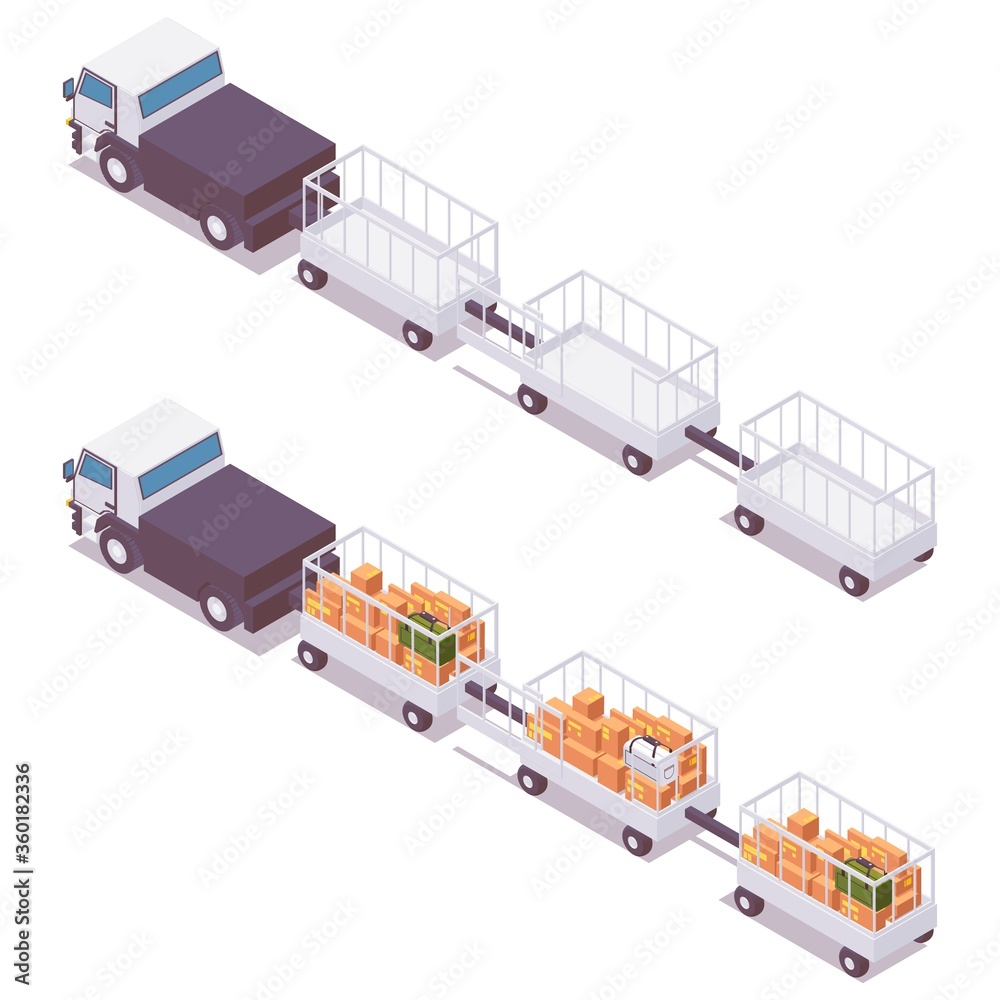 Isometric set airport luggage trolley with a car for luggage of parcels, cargo, baggage to an airplane Isometric set airport luggage trolley with a car for luggage of parcels, cargo, baggage to an airplane