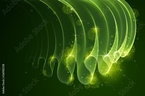 3d magic particles mesh array over dark, transparent tulle textile on wind flowing. Round points vector effect illustration. Blended mesh, 3d calming tranquil wallpaper.