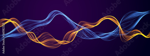 3d particles mesh array, mutual sound wave flowing over dark. Round shining points vector effect illustration. Blended mesh, future technology relaxing wallpaper.