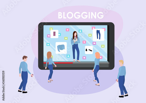 vector illustration a blogger on a tablet screen talks about trends people in the same clothes go to the screen