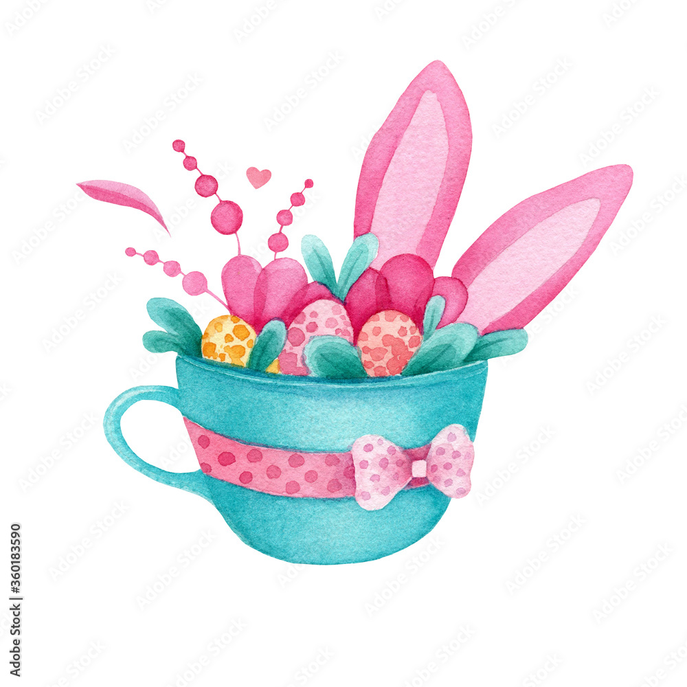 Hand drawn watercolor illustration of Easter cup with eggs, laves, branches, bunny ears. Decoration, card, celebration. Happy Easter felicitation. Hand drawn watercolor illustration of Easter cup with eggs, laves, branches, bunny ears. Decoration, card, celebration. Happy Easter felicitation.